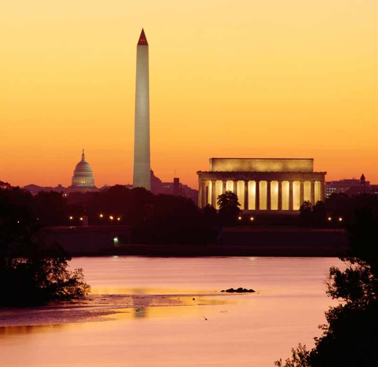 Potomac River, US Capitol dome, Washington Monument and Lincoln Memorial, Washington DC